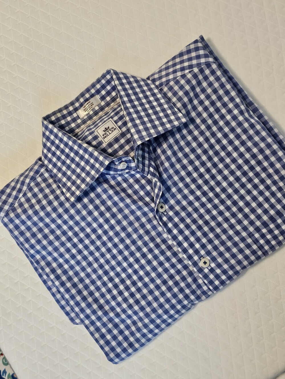 Peter Millar Button Up Shirt Mens Medium Blue White Gingham Plaid Long Sleeve